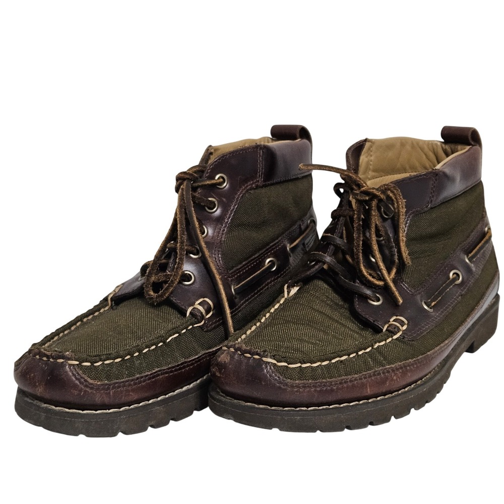 L.L. Bean Boat Boots Mens 8.5 D Brown Olive Canvas Leather Lug Sole 296499